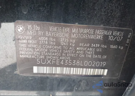 2008 BMW X5 3.0Si z USA, uszkodzony, nr VIN 5UXFE43538L002019